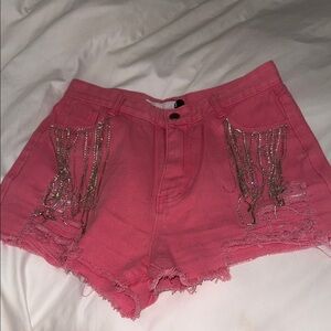Women's Pink Distressed Denim Shorts with Chain Fringe